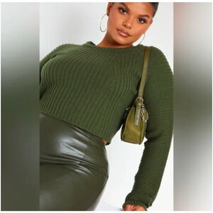 PrettyLittleThing Plus Khaki (Green) Ribbed Cropped Knit Top Sz XXL NWT